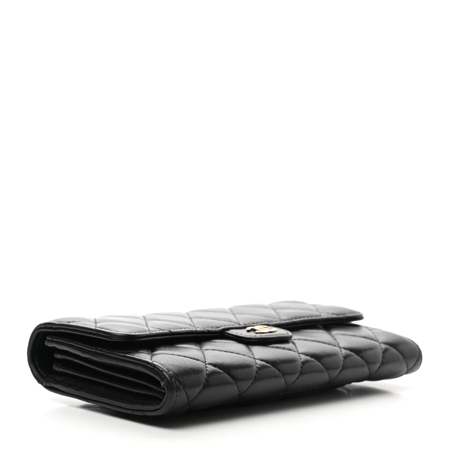 Lambskin Quilted Large Gusset Flap Wallet Black