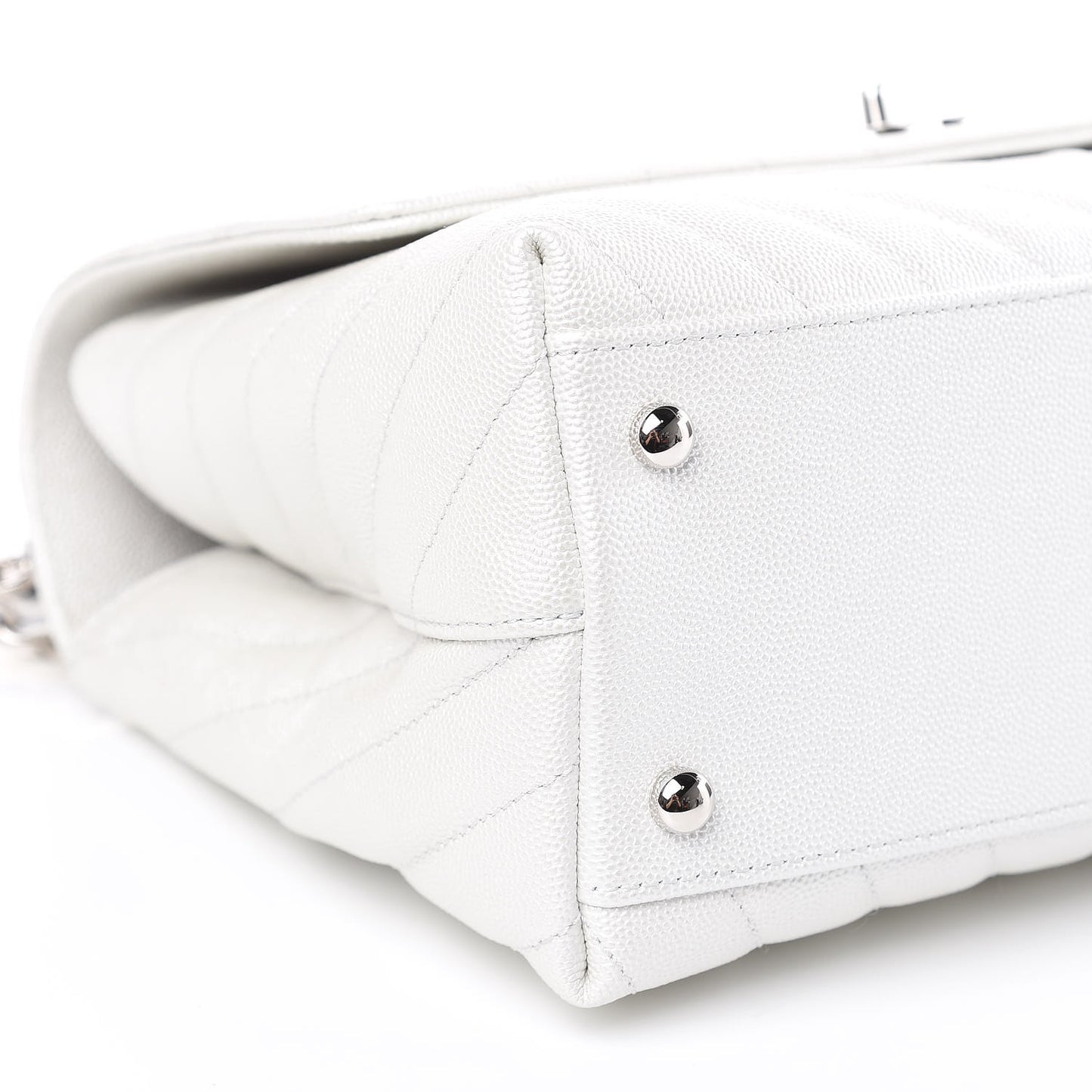 Iridescent Caviar Chevron Quilted Small Coco Handle Flap White