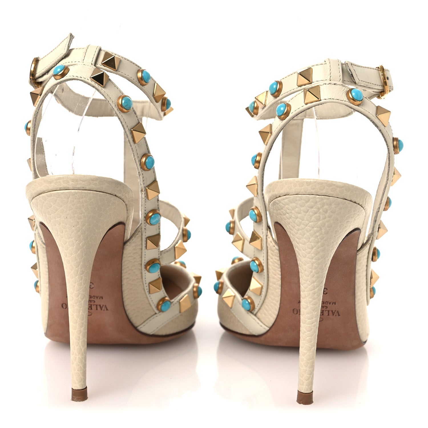 Valentino Garavani Pebbled Calfskin Turquoise Rockstud Rolling Ankle Strap 100mm Pumps 37.5 Ivory 6 of 15