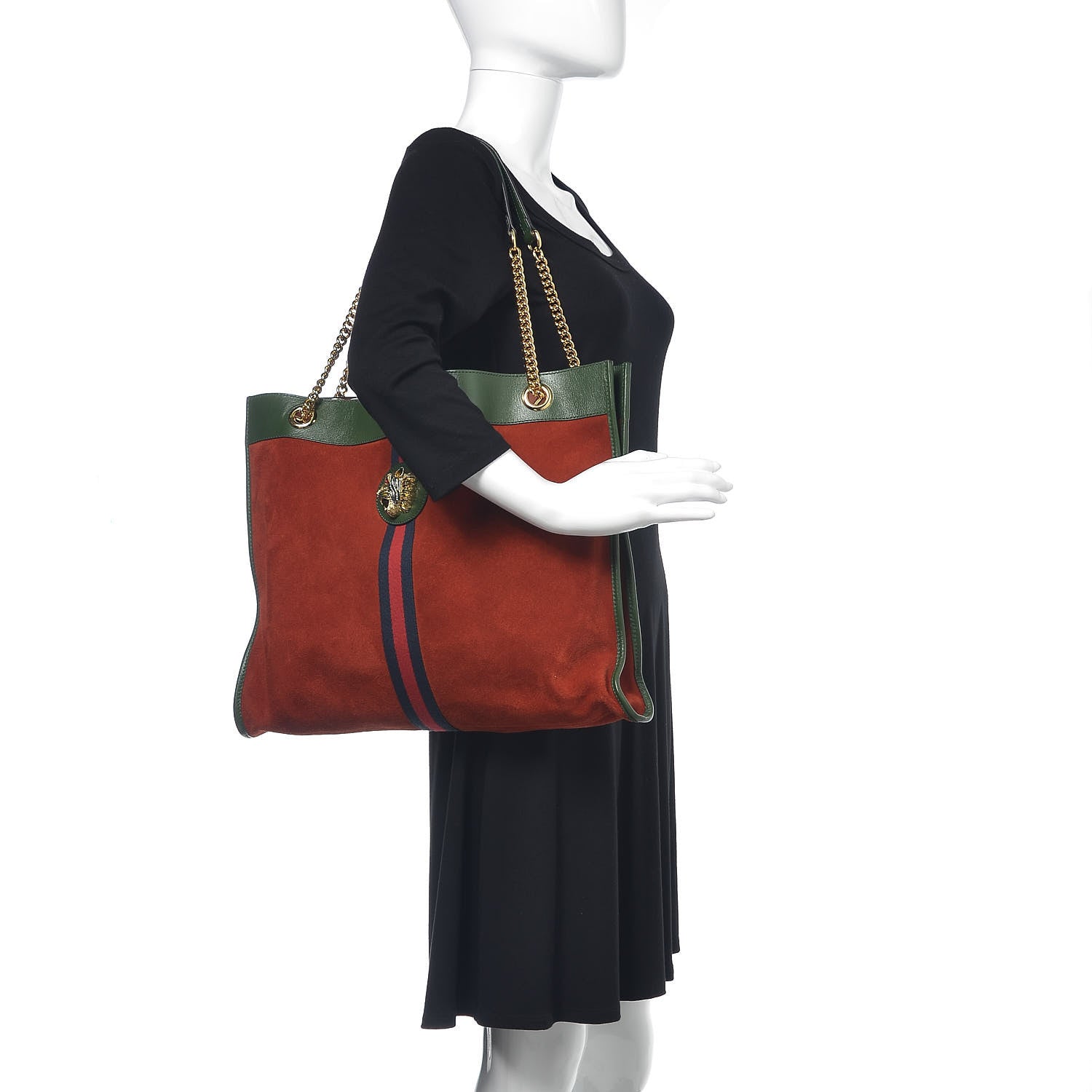 Gucci Suede Calfskin Large Rajah Chain Tote Hibiscus Red Green 2 of 14