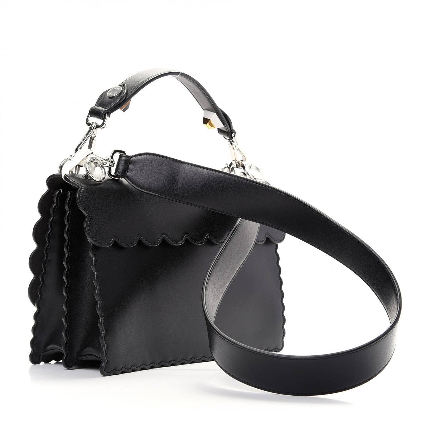 Vitello Liberty Pearl Bi-Color Flowers and Bows Scalloped Studded Kan I Shoulder Bag Black Camelia