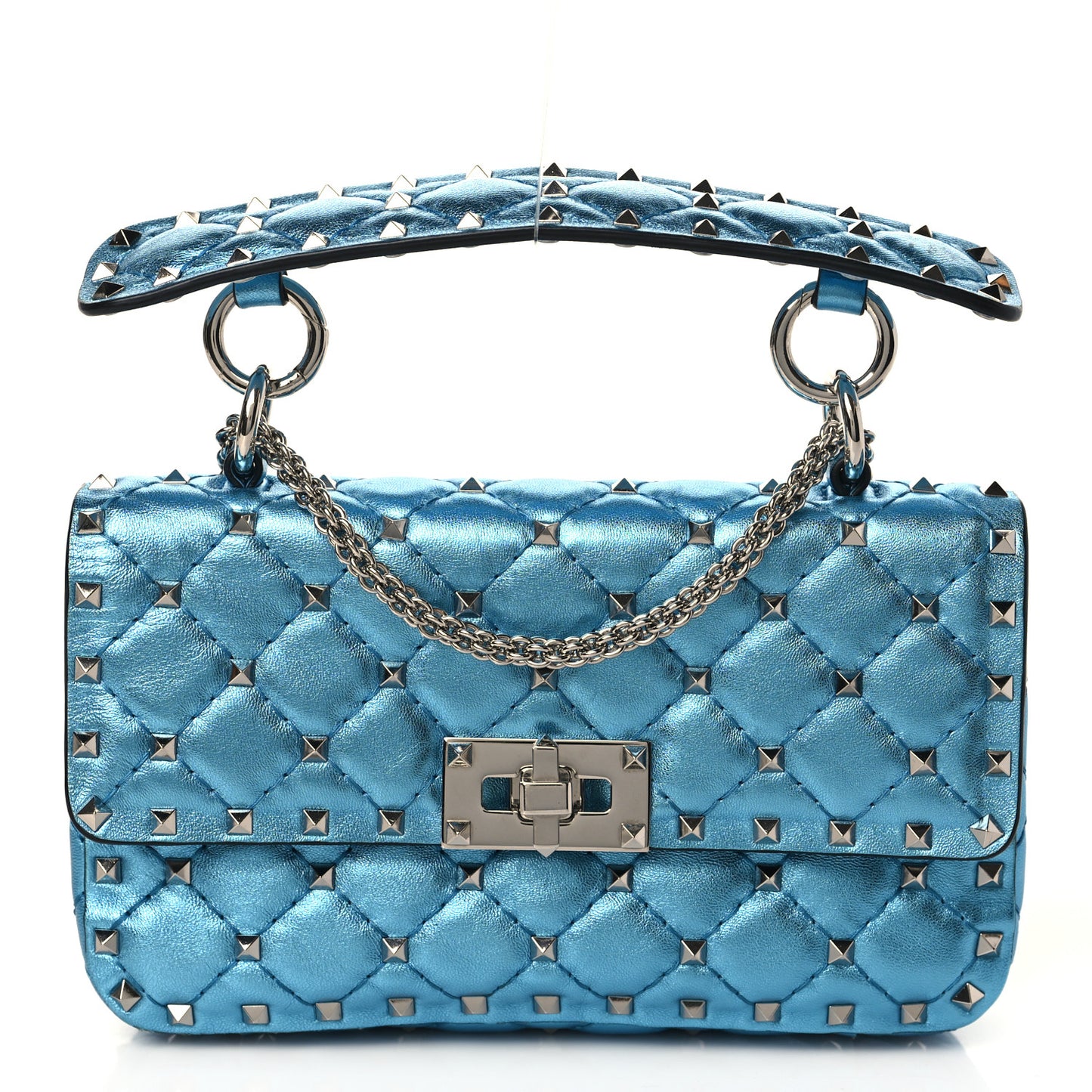 Metallic Nappa Small Rockstud Spike Shoulder Bag Cerulean