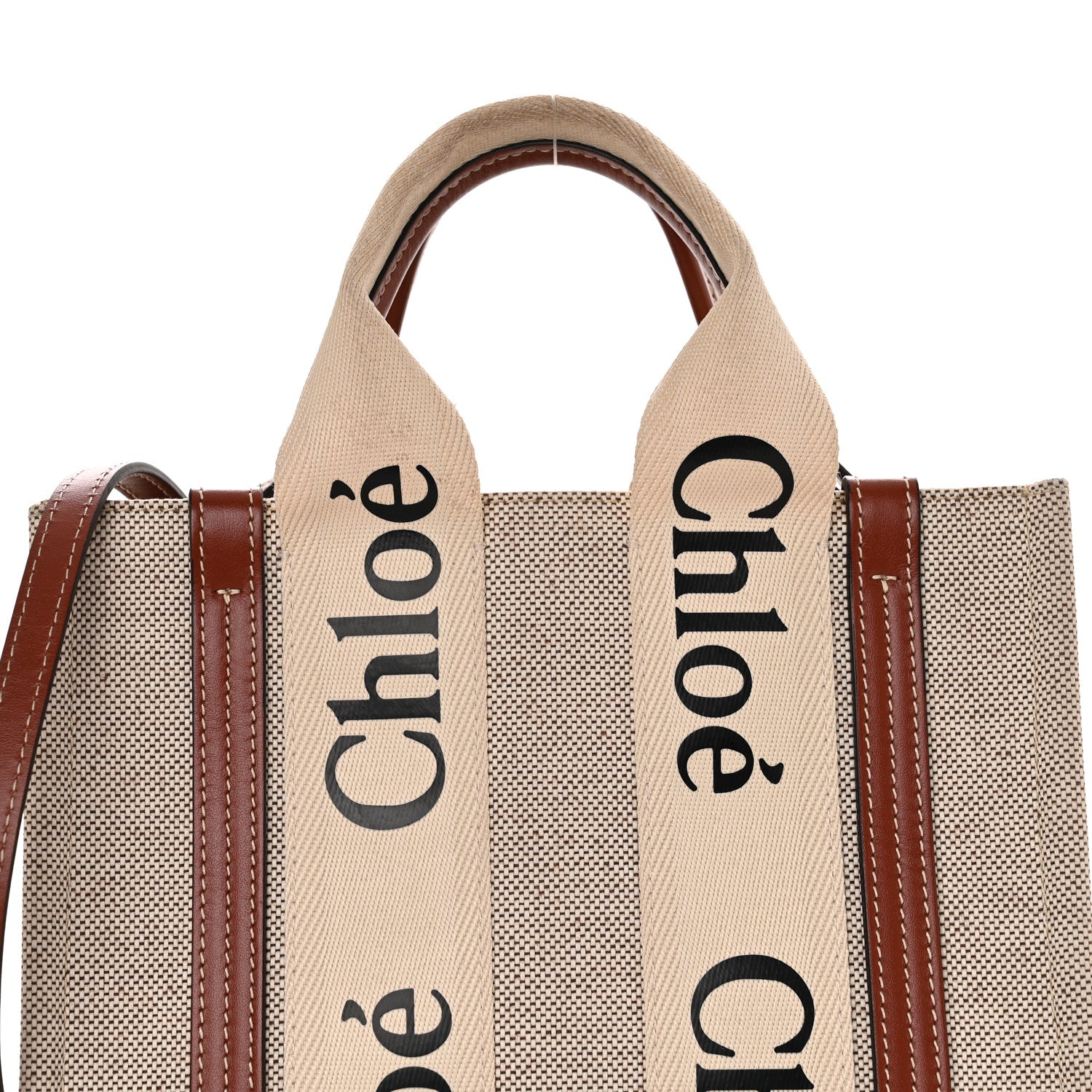Chloe Cotton Calfskin Small Woody Ribbon Tote With Strap White Brown 8 of 11