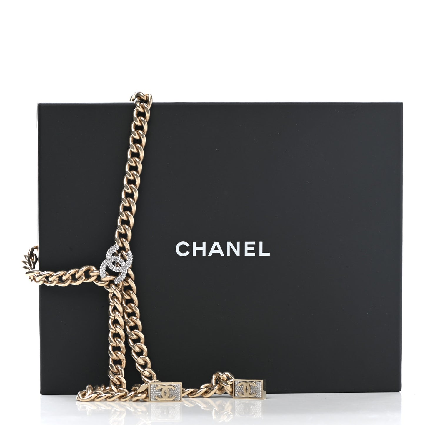 Chain Link Crystal CC Dog Tag Charm Necklace Gold