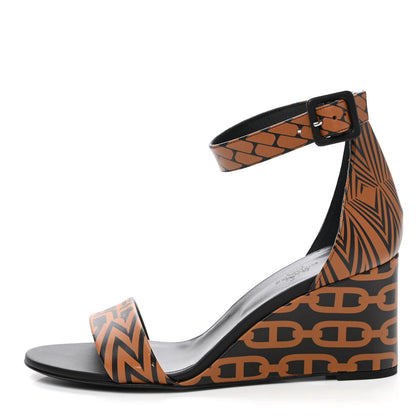 Hermes Calfskin Printed Acapulco Wedge Sandals 38 Black Naturel 1 of 9