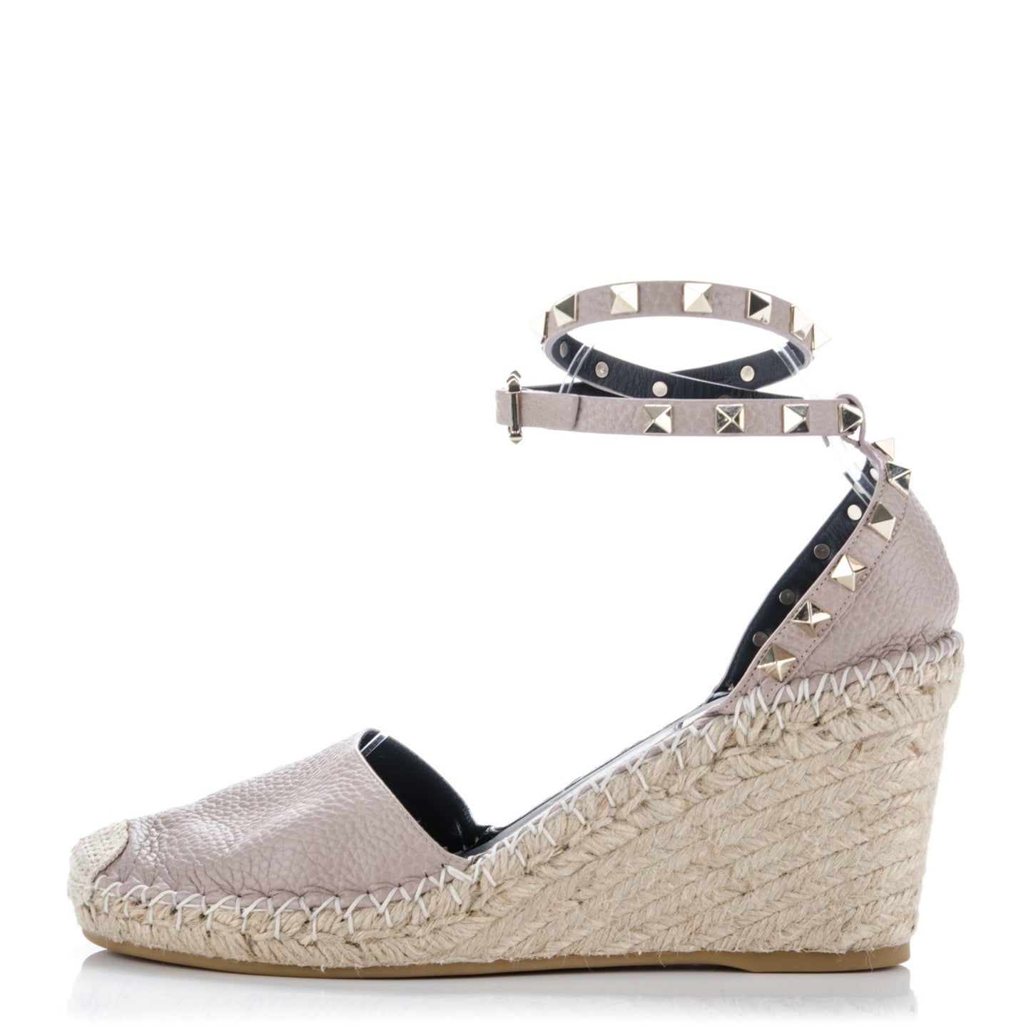 Grained Calfskin Rockstud Ankle Wrap Espadrille 15/85mm Wedges 39 Poudre Natural