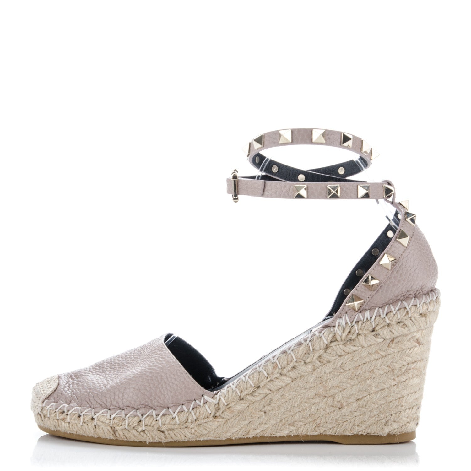 Valentino Garavani Grained Calfskin Rockstud Ankle Wrap Espadrille 15/85mm Wedges 39 Poudre Natural 1 of 7
