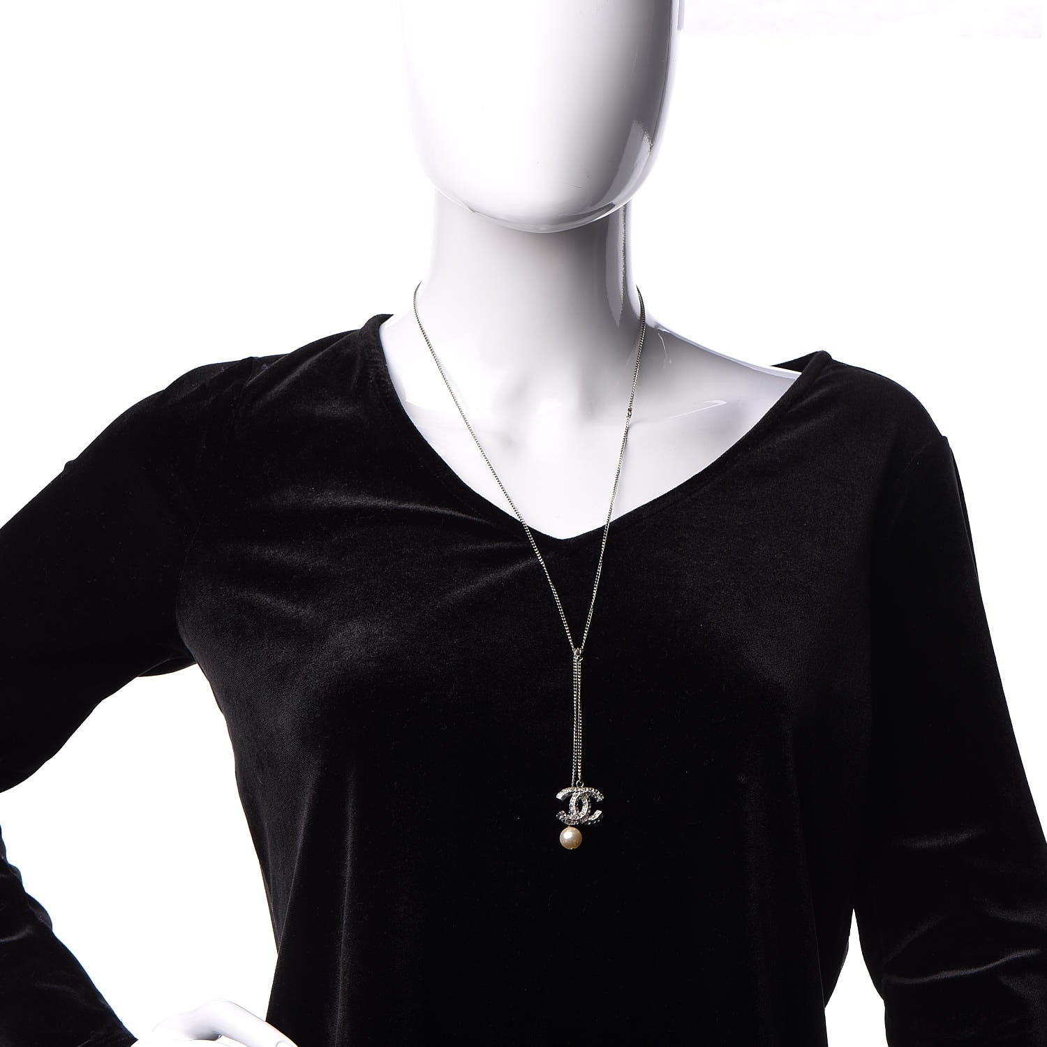 Chanel Baguette Crystal Pearl CC Lariat Necklace Silver 2 of 4