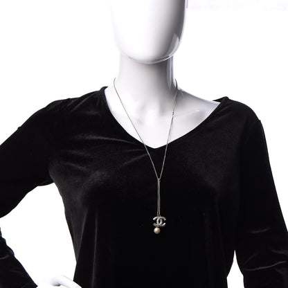 Chanel Baguette Crystal Pearl CC Lariat Necklace Silver 2 of 4