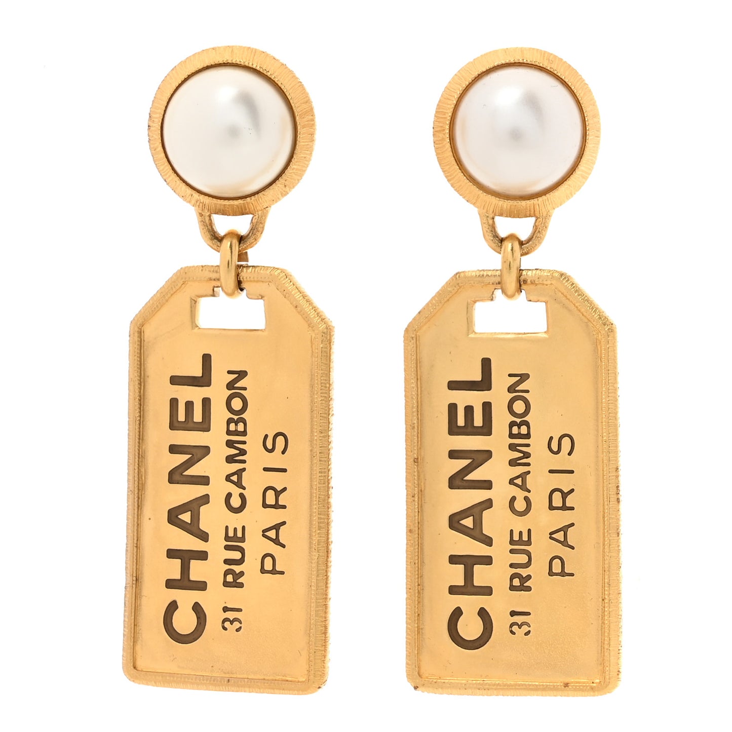 Pearl CC Tags Drop Earrings Gold
