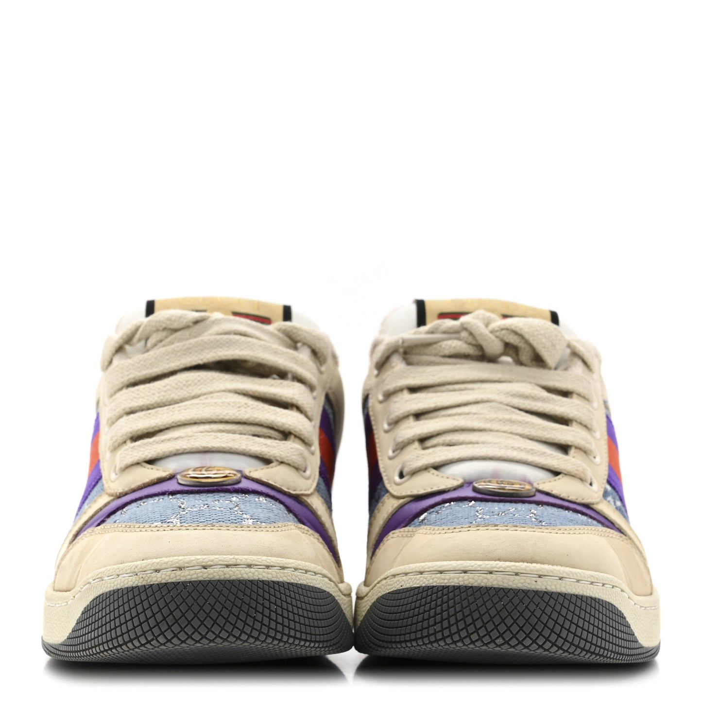 Calfskin Lame GG Monogram Web Womens Screener Sneakers 37.5 Blue Silver Dusty Milk Shine Purple