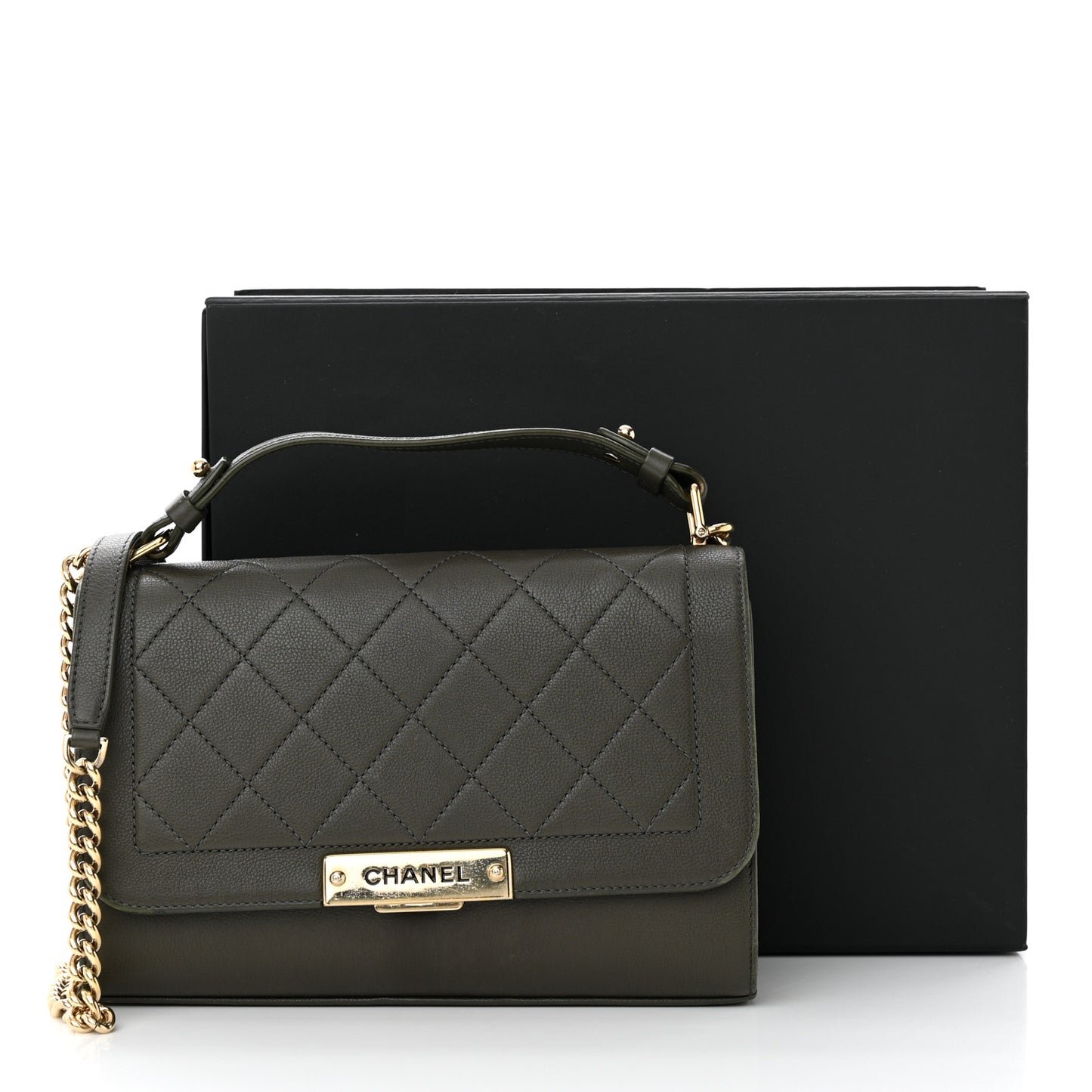 Grained Calfskin Quilted Medium Label Click Flap Bag Khaki