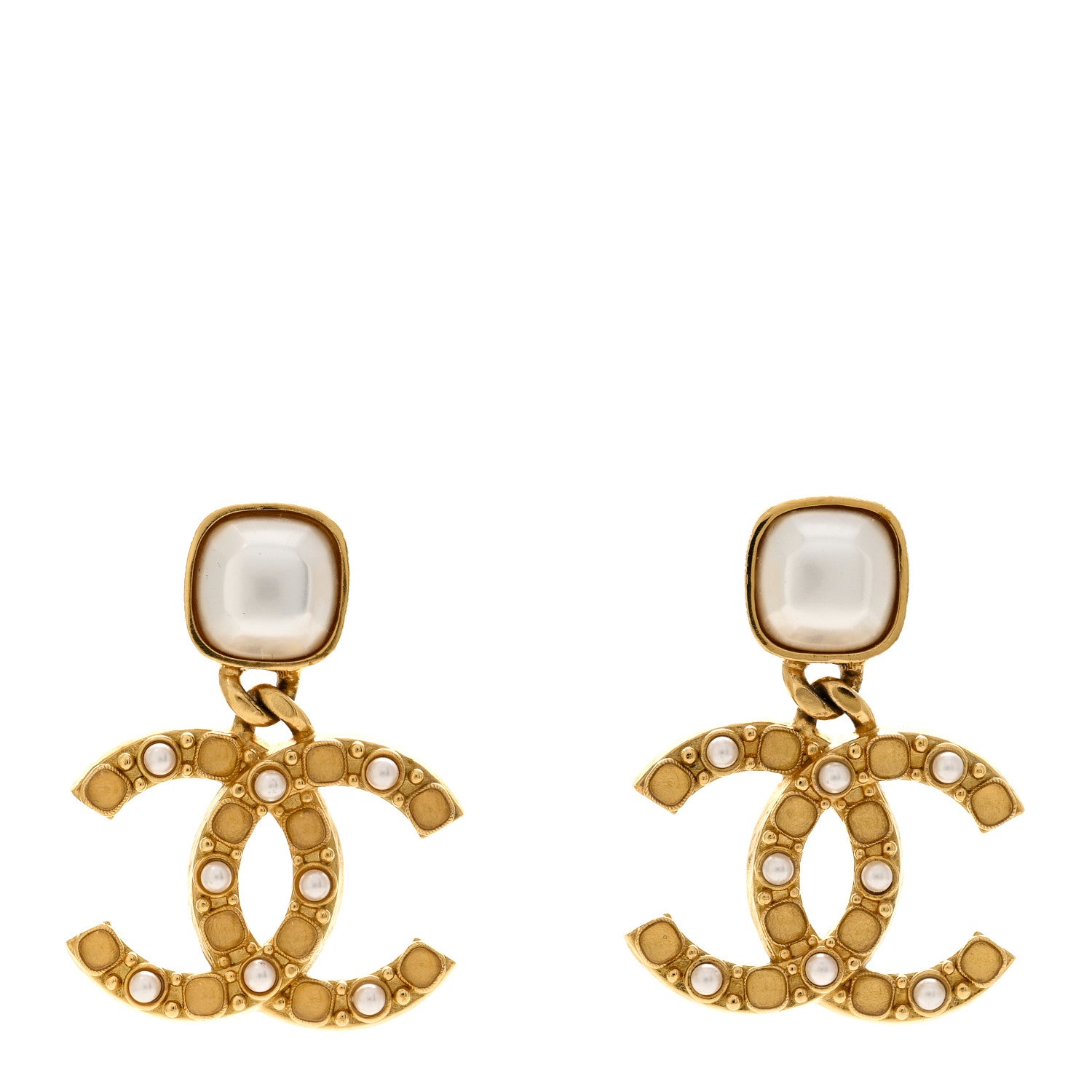 Chanel Pearl Stones CC Drop Clip On Earrings Gold 1 of 5
