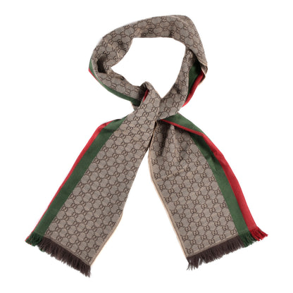 Gucci Wool Silk GG Monogram Web Verbier Fringe Scarf Light Brown Dark Green 1 of 5