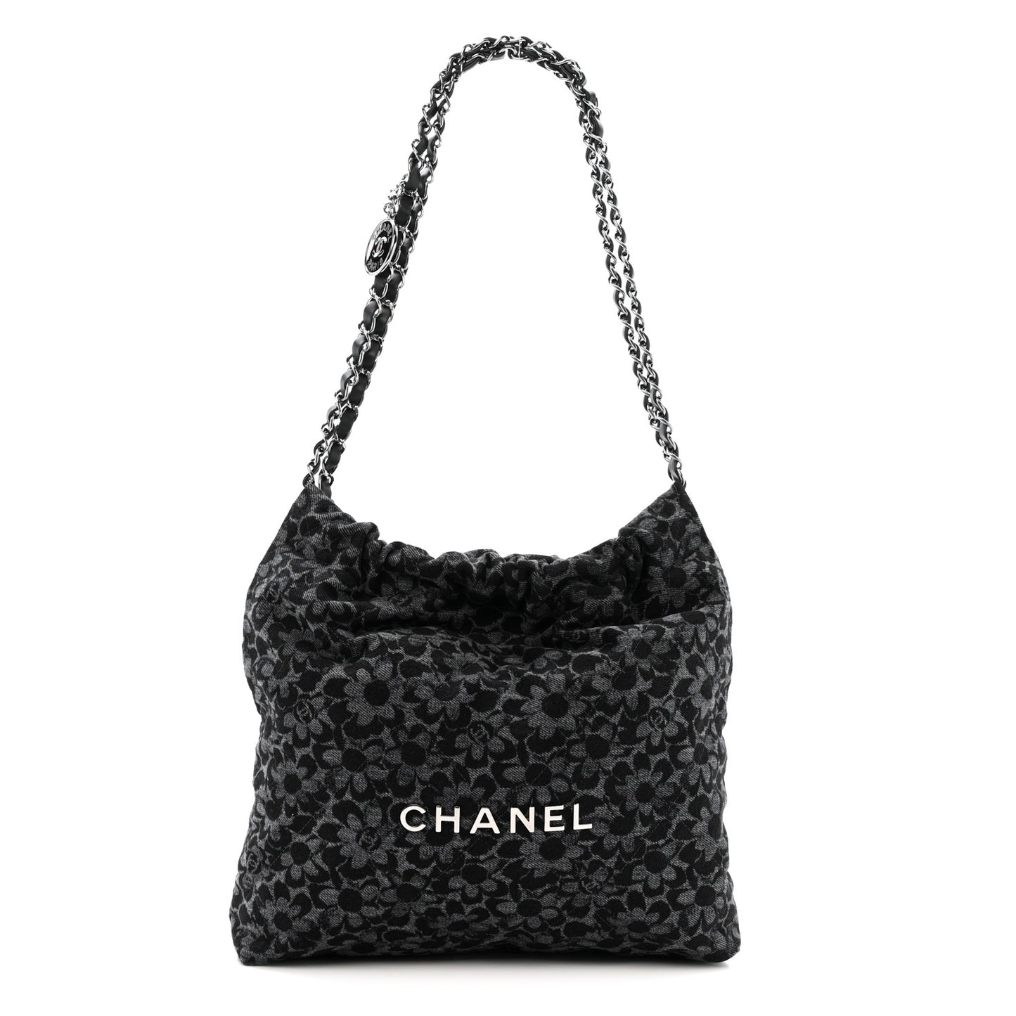 Denim Quilted Floral Print Small Chanel 22 Black