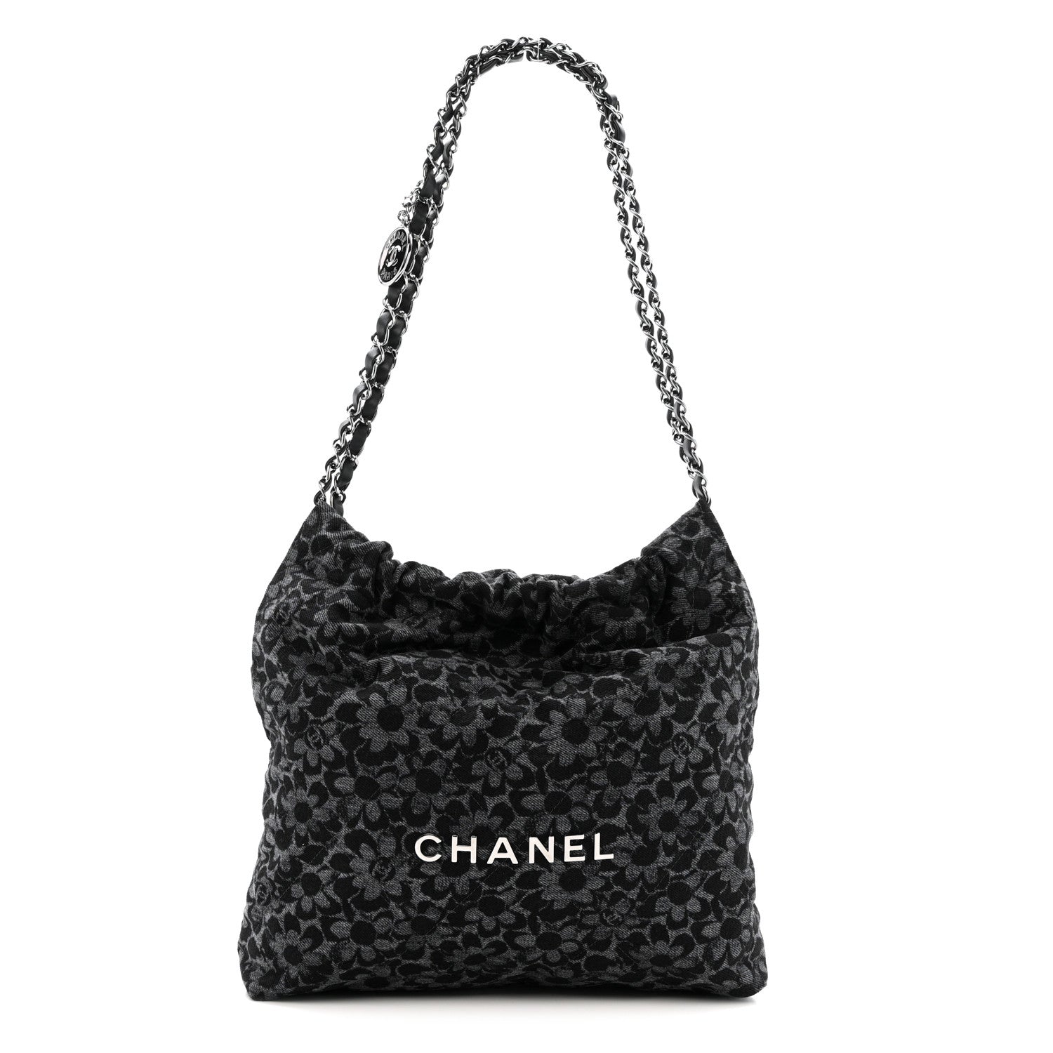Chanel Denim Quilted Floral Print Small Chanel 22 Black 1 of 12