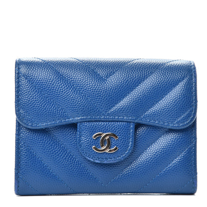 Chanel Caviar Chevron Quilted Flap Card Holder Wallet Dark Blue 1 of 8