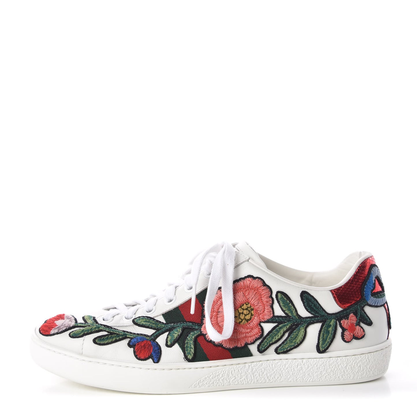 Calfskin Web Floral Embroidered Ace Sneakers 38 White