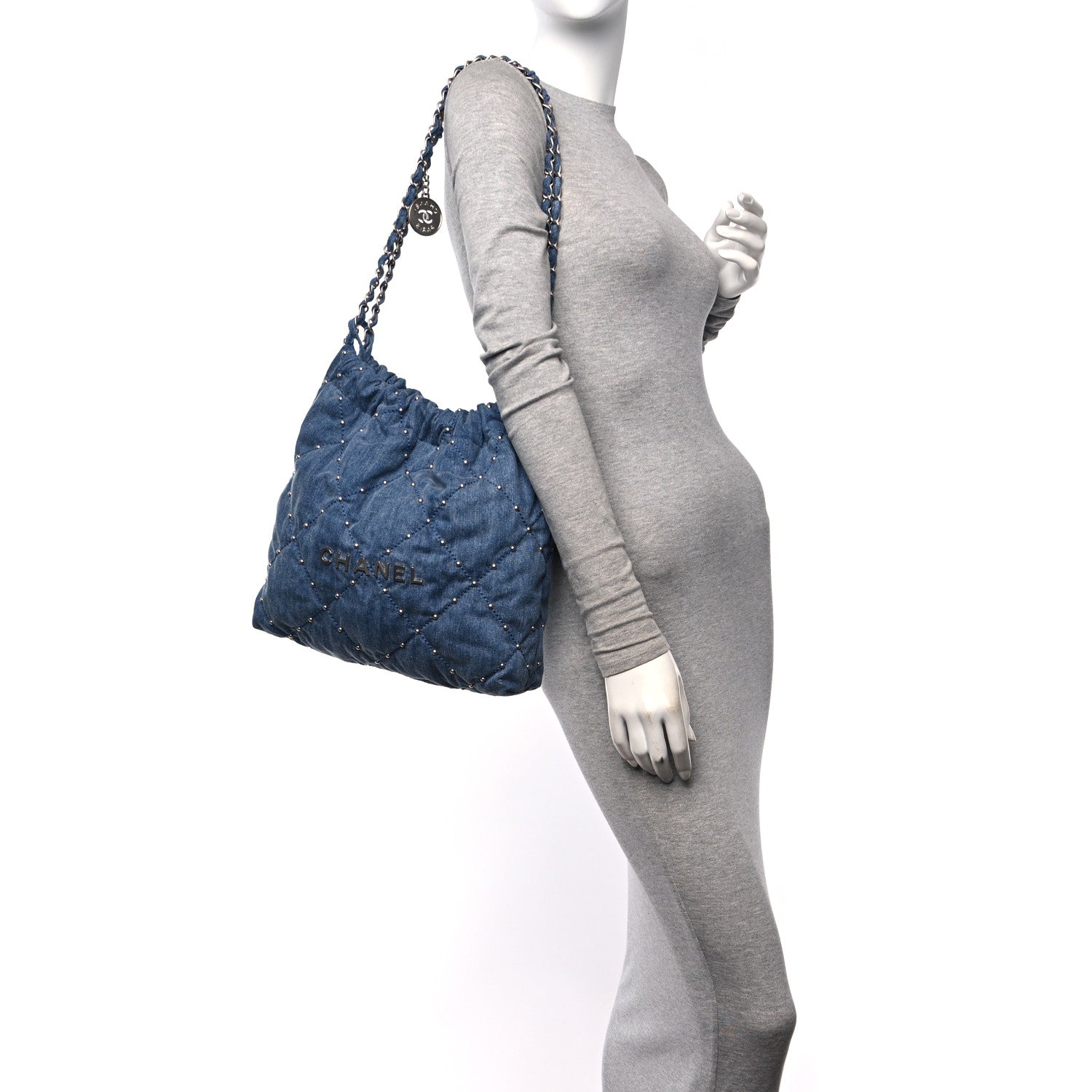 Chanel Washed Denim Quilted Studded Small Chanel 22 Blue 3 of 11