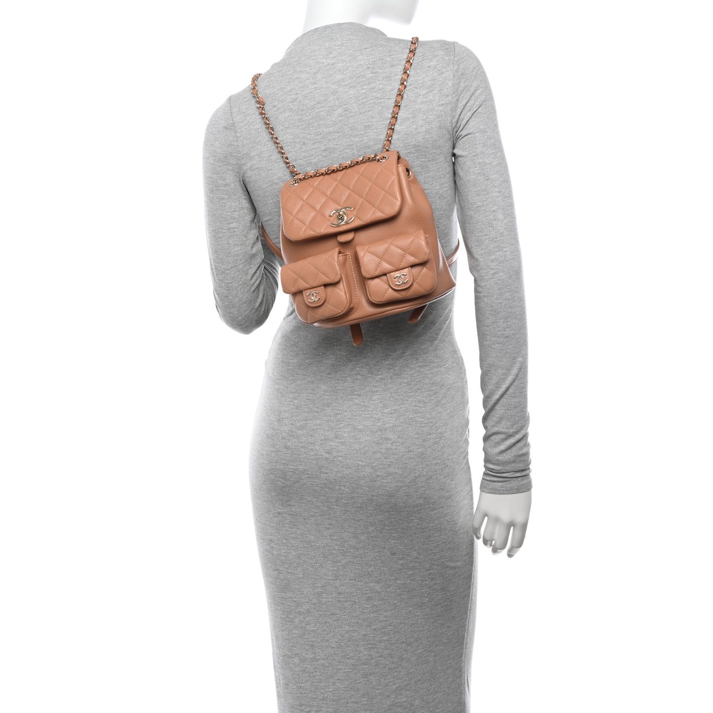 Shiny Caviar Quilted Medium Duma Pockets Drawstring Backpack Dark Beige