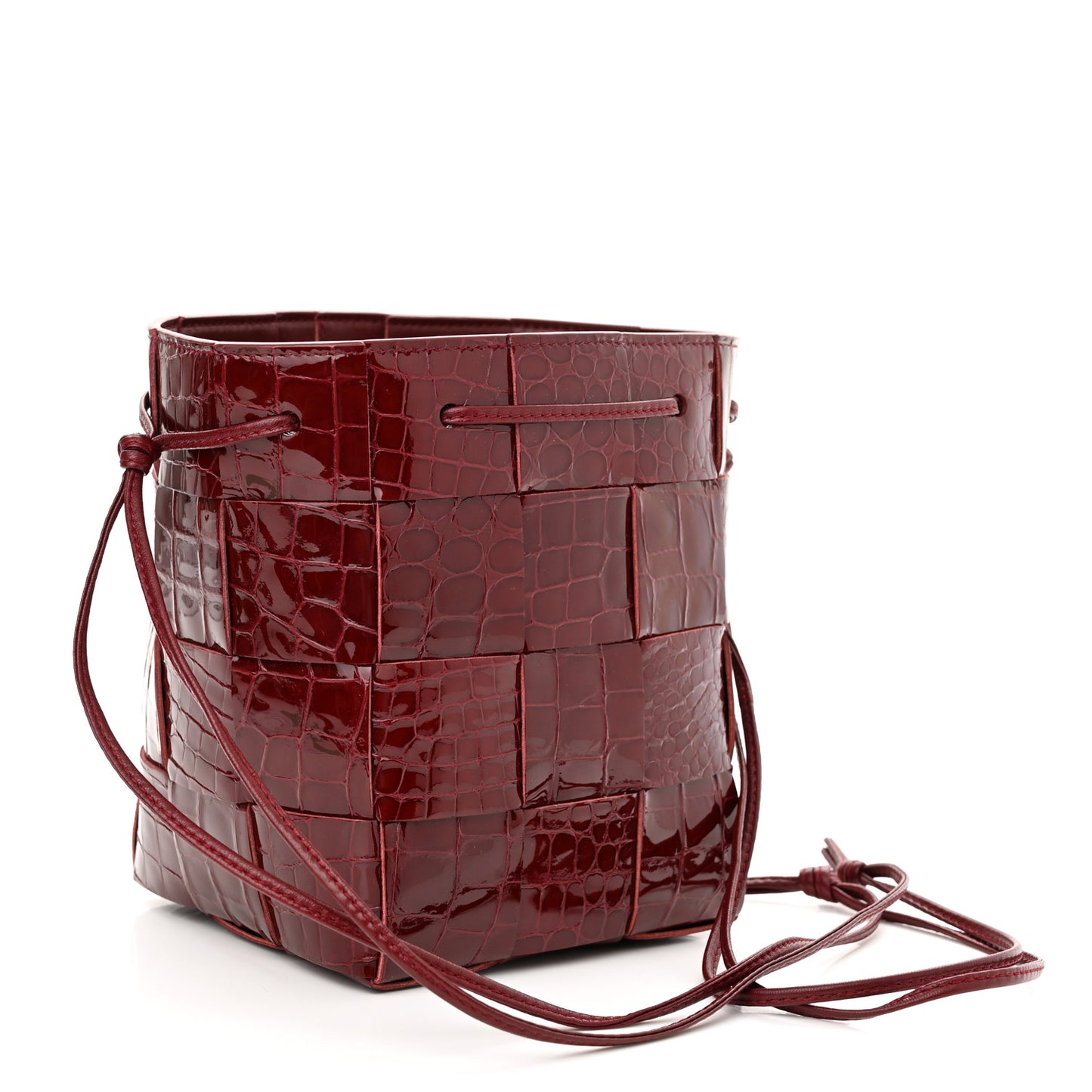 Gloss Calfskin Croc Embossed Intreccio Mini Cassette Crossbody Bucket Bag Cherry
