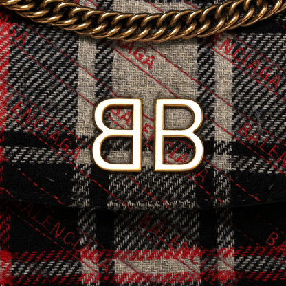 Balenciaga Wool Plaid Diagonal Allover Logo Matelasse M BB Round Shoulder Bag Black White Red 14 of 14