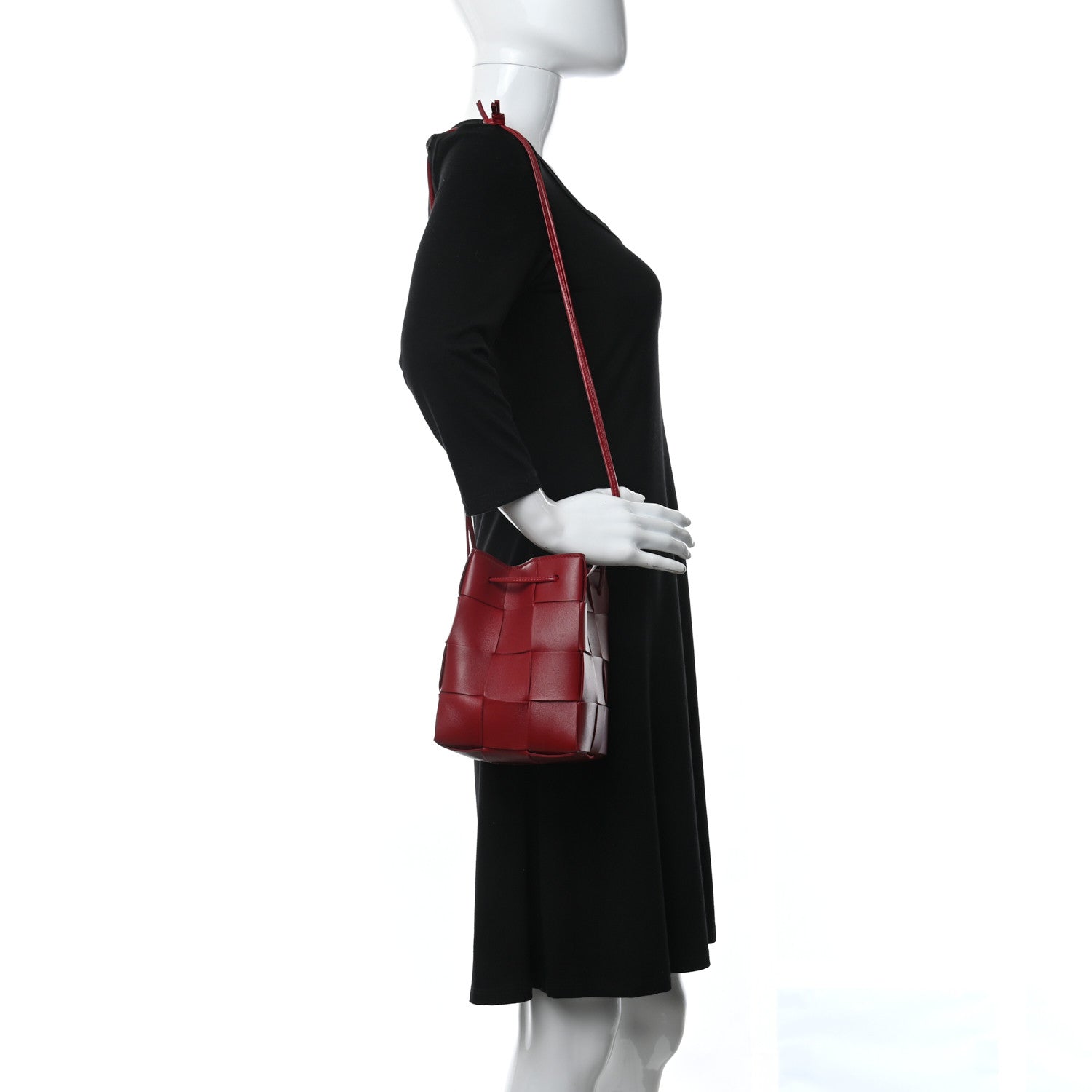 Bottega Veneta Lambskin Intreccio Small Crossbody Bucket Bag Dark Red 2 of 9