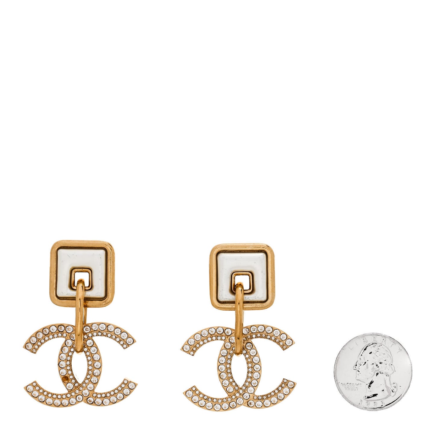 Crystal Pearl CC Square Drop Earrings Gold Pearly White