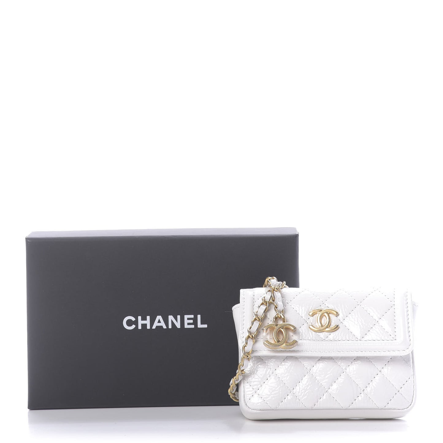 Shiny Aged Calfskin Quilted Waist Belt Bag White