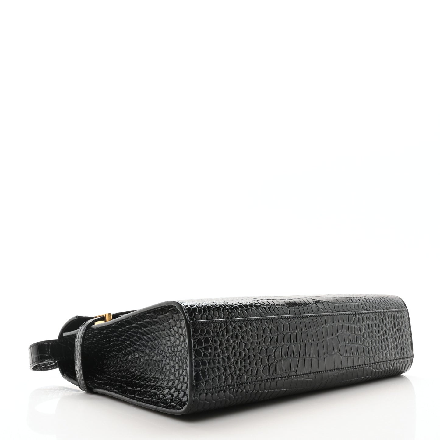 Shiny Calfskin Crocodile Embossed Manhattan Baguette Black