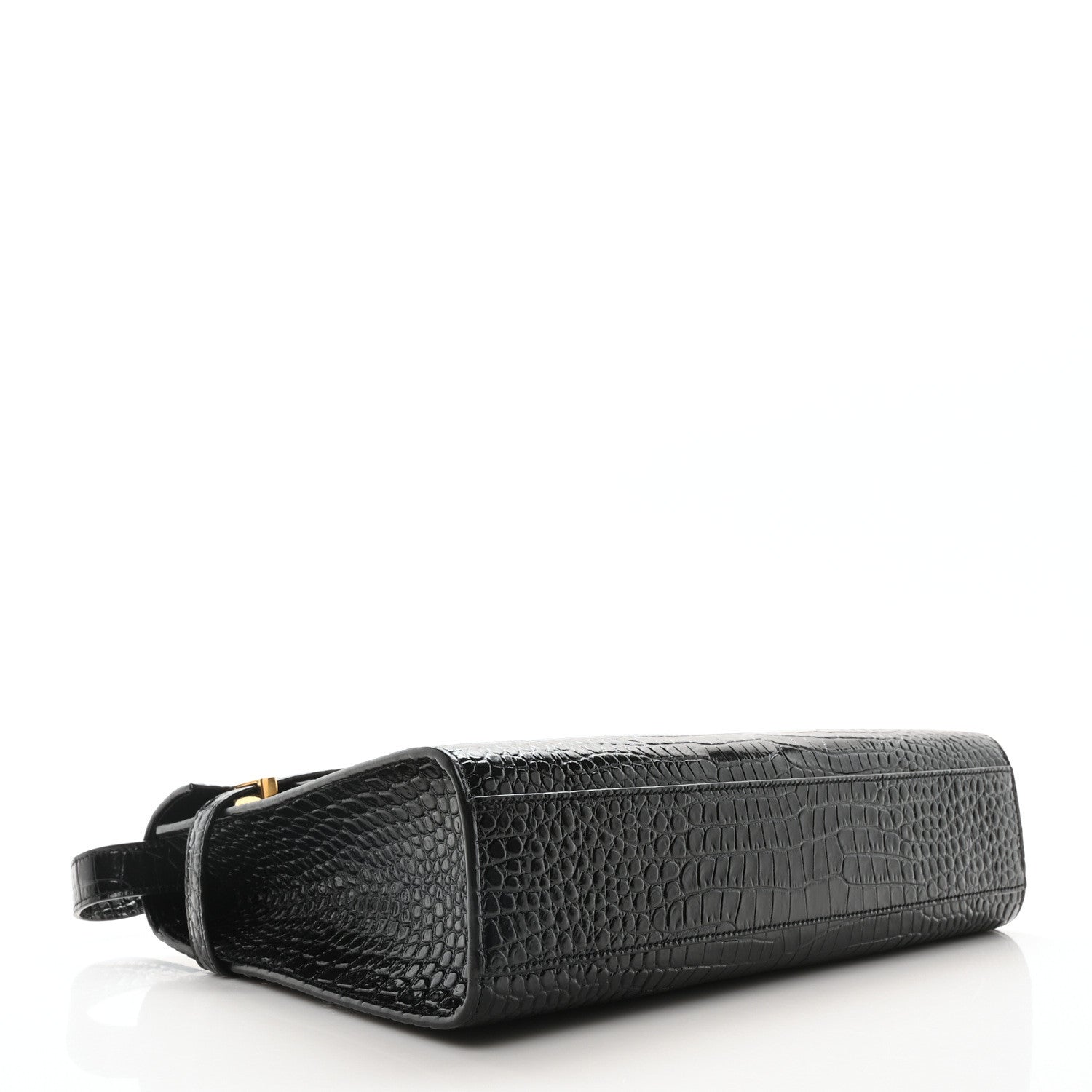 Saint Laurent Shiny Calfskin Crocodile Embossed Manhattan Baguette Black 4 of 10