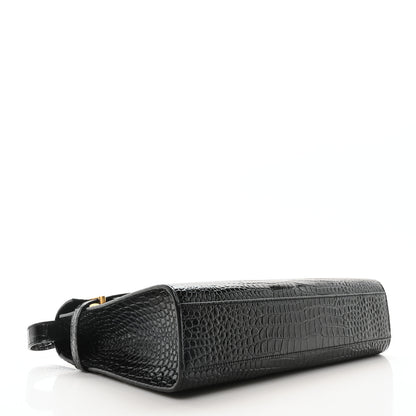 Saint Laurent Shiny Calfskin Crocodile Embossed Manhattan Baguette Black 4 of 10