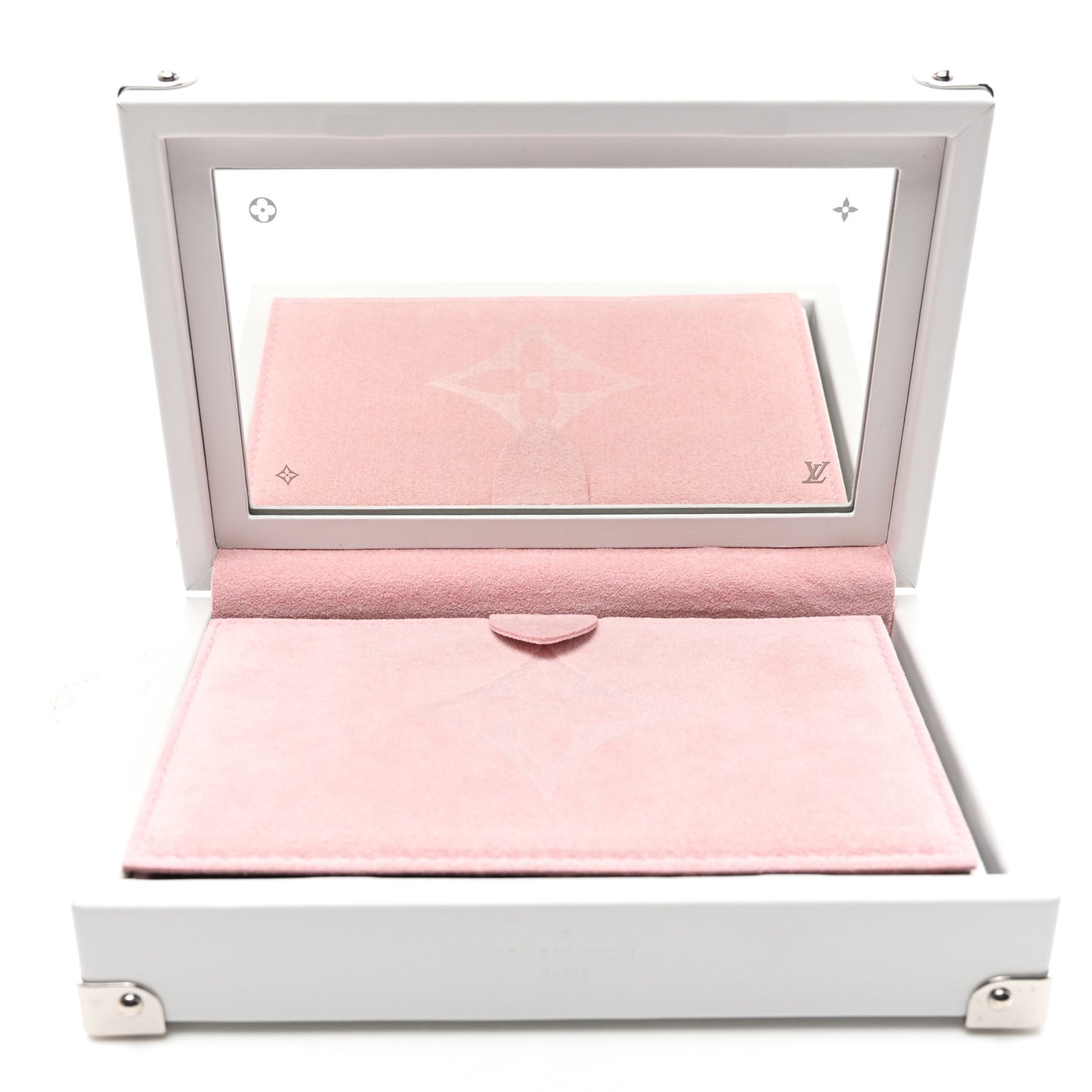 Calfskin Mirror Monogram Etched Jewelry Box Trunksu White