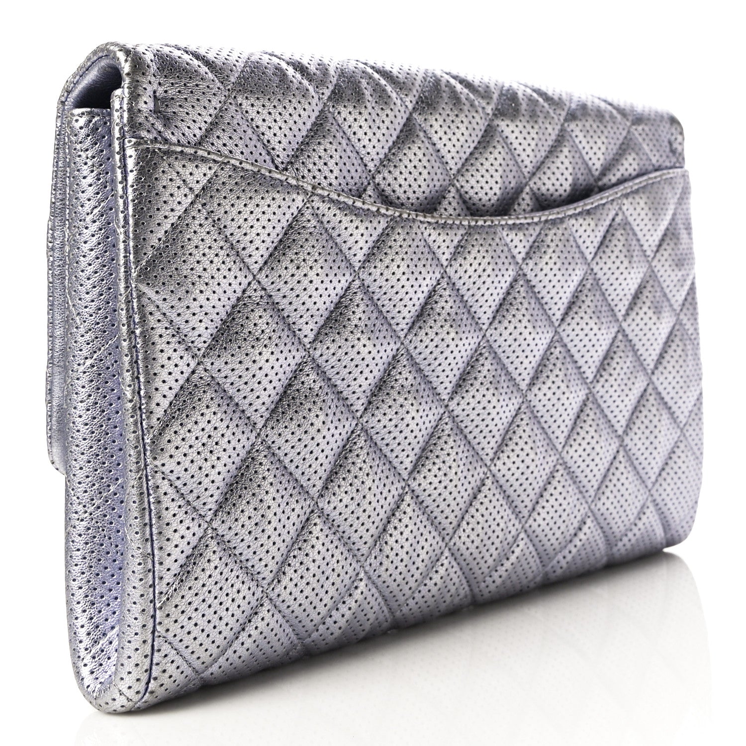 Chanel Metallic Perforated Lambskin Quilted Clutch With Chain Flap Silver 3 of 11