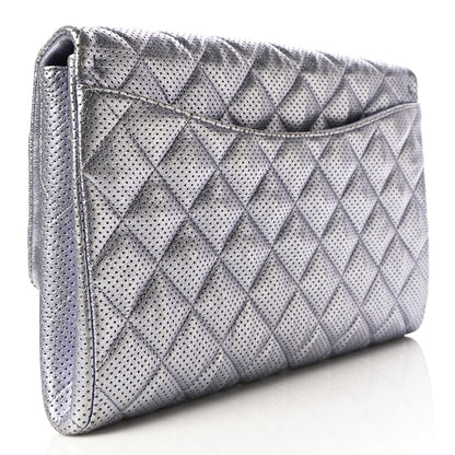 Chanel Metallic Perforated Lambskin Quilted Clutch With Chain Flap Silver 3 of 11