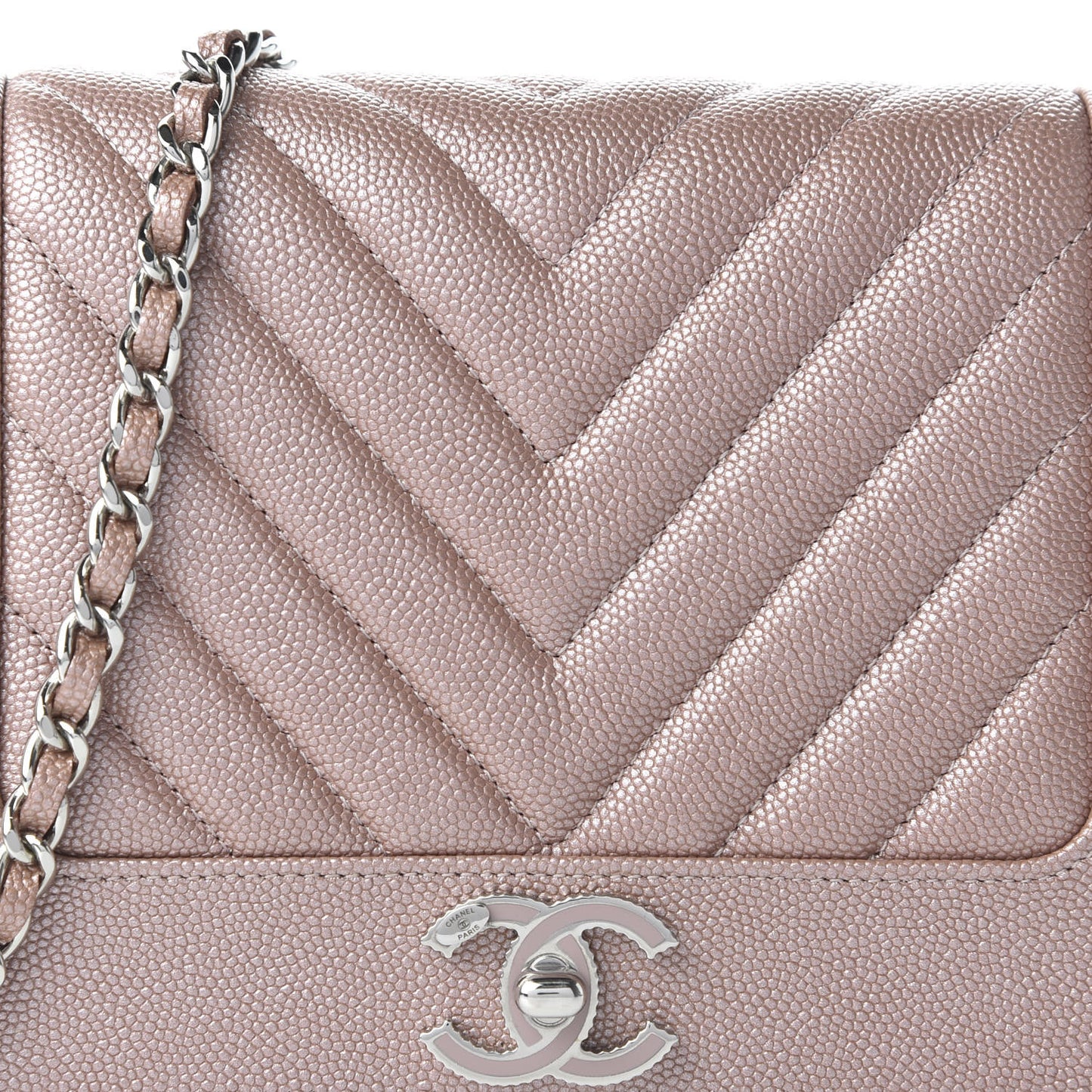 Metallic Caviar Chevron Quilted Vintage Mademoiselle Wallet On Chain WOC Pink