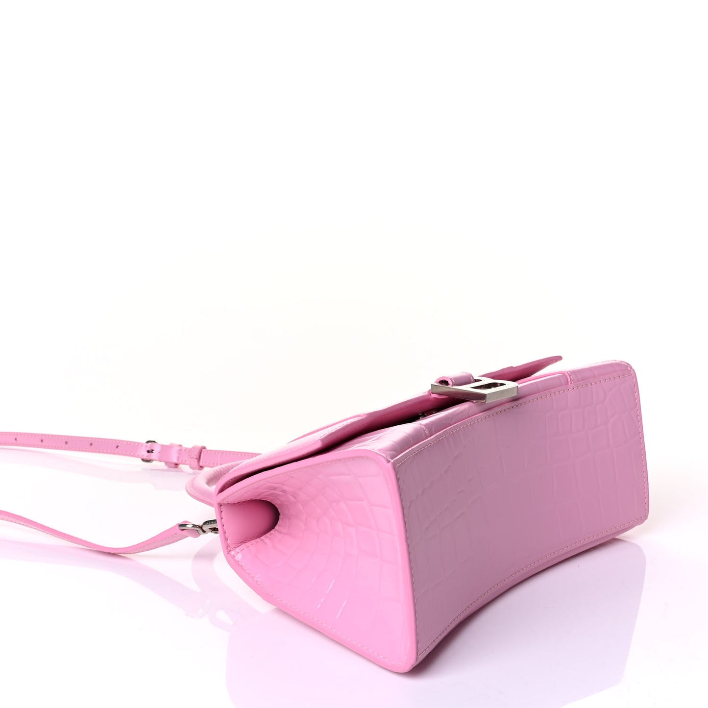 Semi Shiny Calfskin Crocodile Embossed Small Hourglass Top Handle Bag Pink