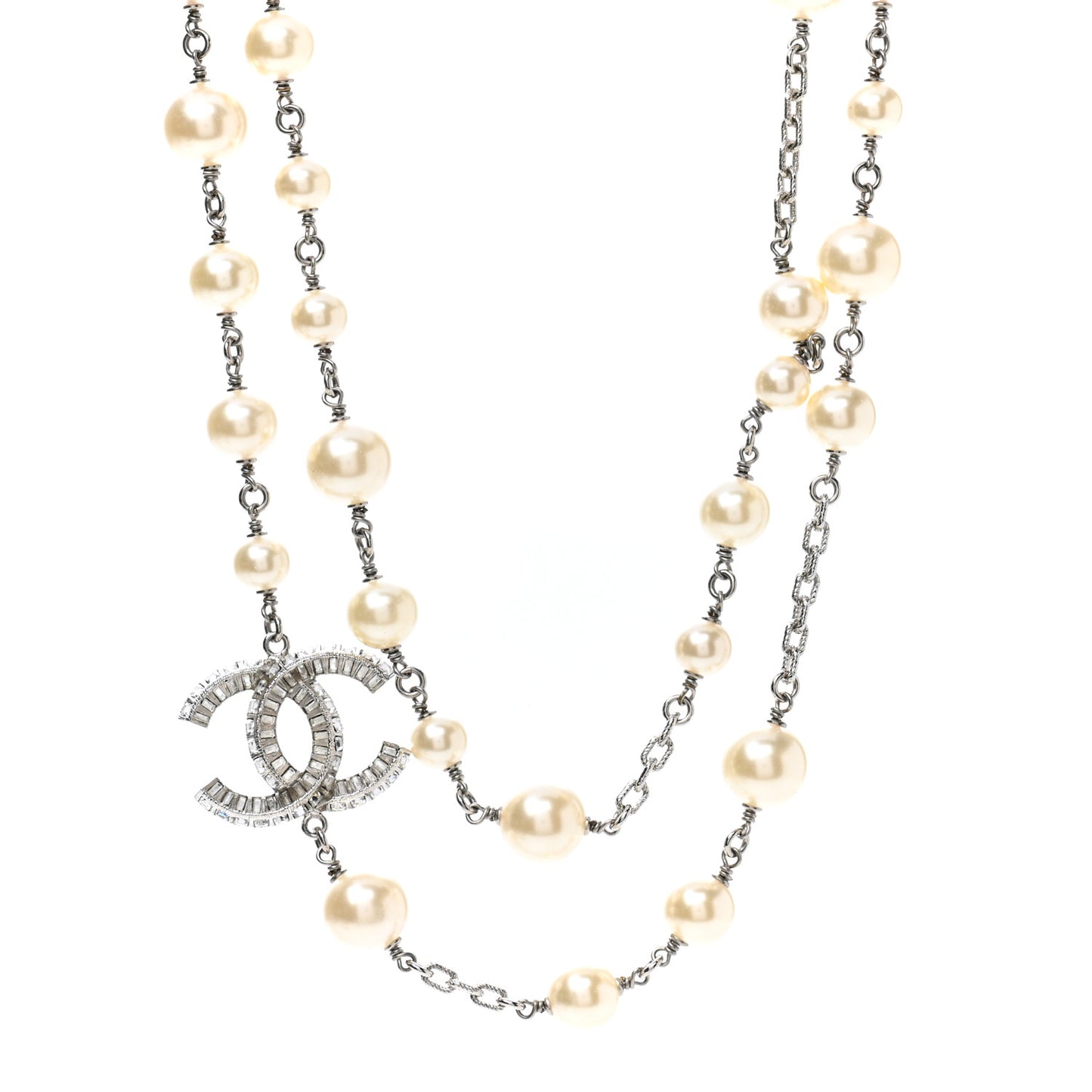 Pearl Baguette Crystal CC Long Necklace Silver