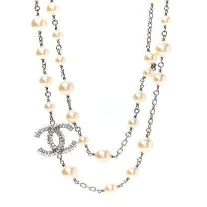 Chanel Pearl Baguette Crystal CC Long Necklace Silver 1 of 5