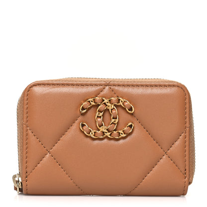 Chanel Lambskin Quilted Chanel 19 Zip Around Coin Purse Wallet Brown 1 of 9