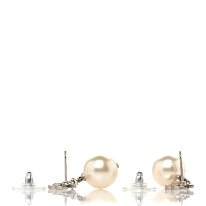 Chanel Crystal Pearl CC Drop Earrings Silver Pearly White 3 of 5