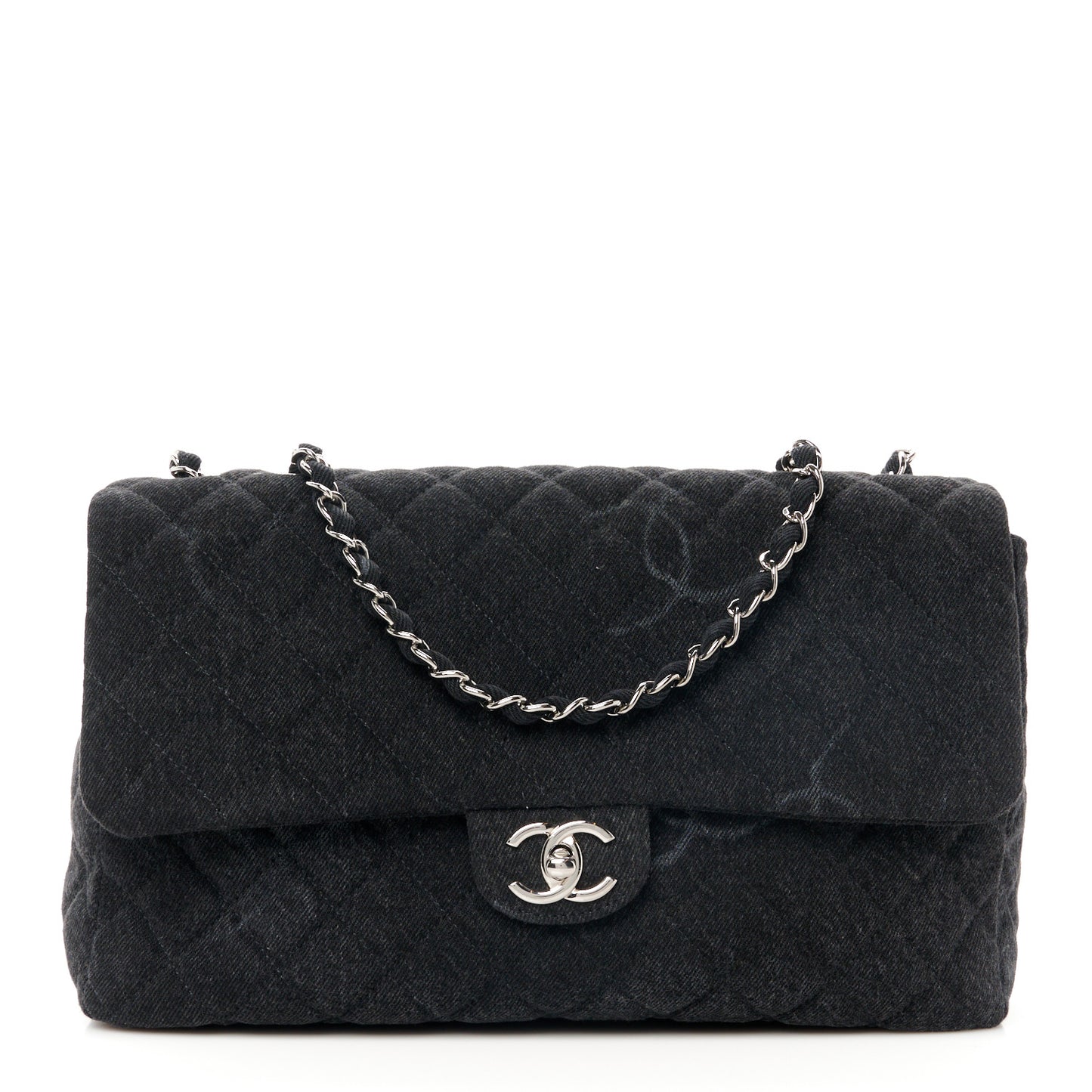 Denim Quilted CC Print Jumbo Single Flap Black