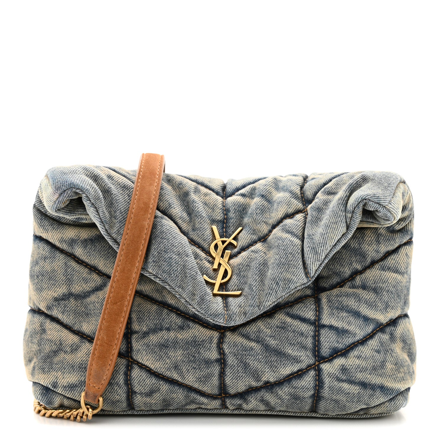Saint Laurent SAINT LAURENT Denim Quilted Toy Loulou Puffer Monogram Chain Satchel Blue Cinnamon 1 of 14