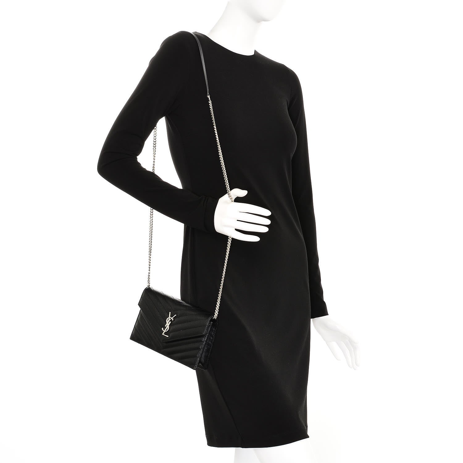 Saint Laurent Grain De Poudre Matelasse Chevron Monogram Envelope Chain Wallet Black 2 of 7