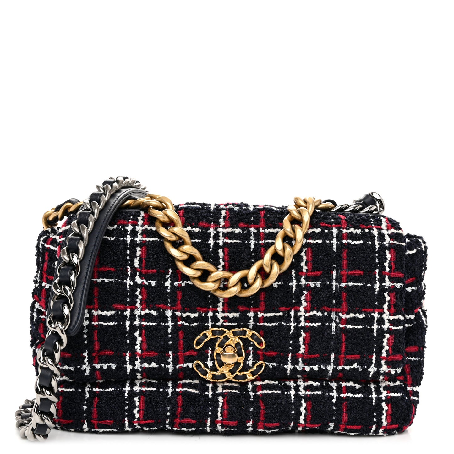 Tweed Quilted Medium Chanel 19 Flap Navy Blue White Red