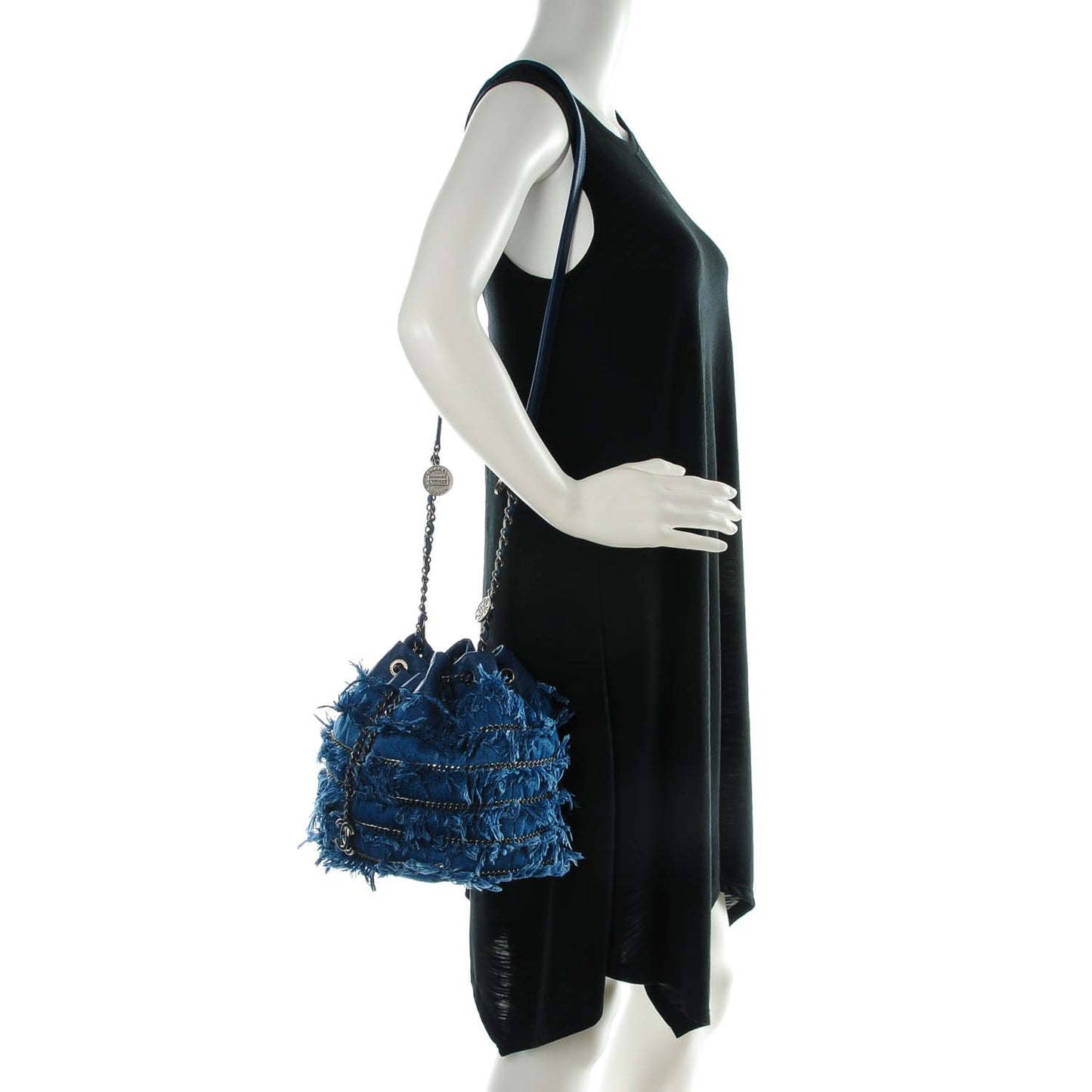 Calfskin Denim Fringe Chains CC Drawstring Bucket Bag Blue