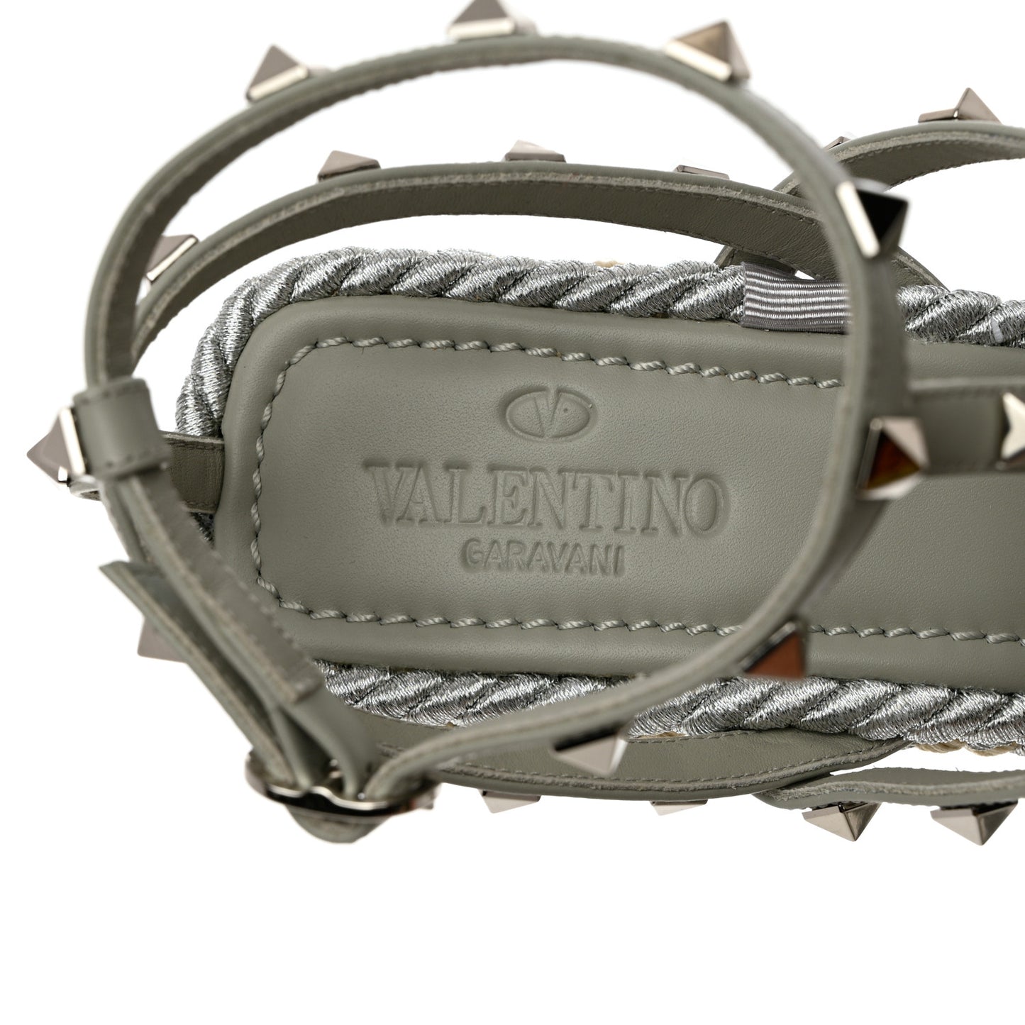 Calfskin Rockstud Ankle Strap Torchon Espadrille Caged 25/95mm Wedge Sandals 41 Opal Grey Argento Champagne