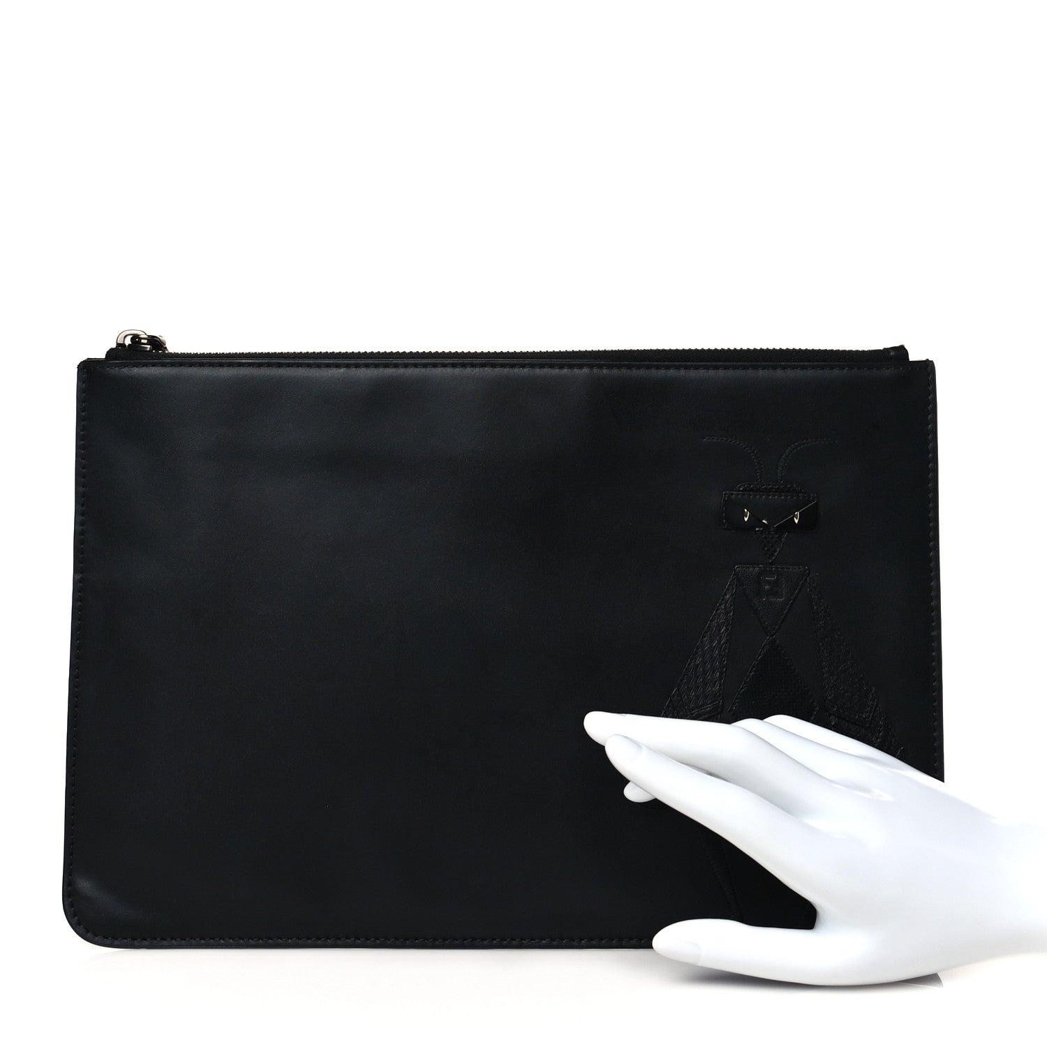 Fendi Calfskin Embroidered Bug Pouch Black 2 of 9
