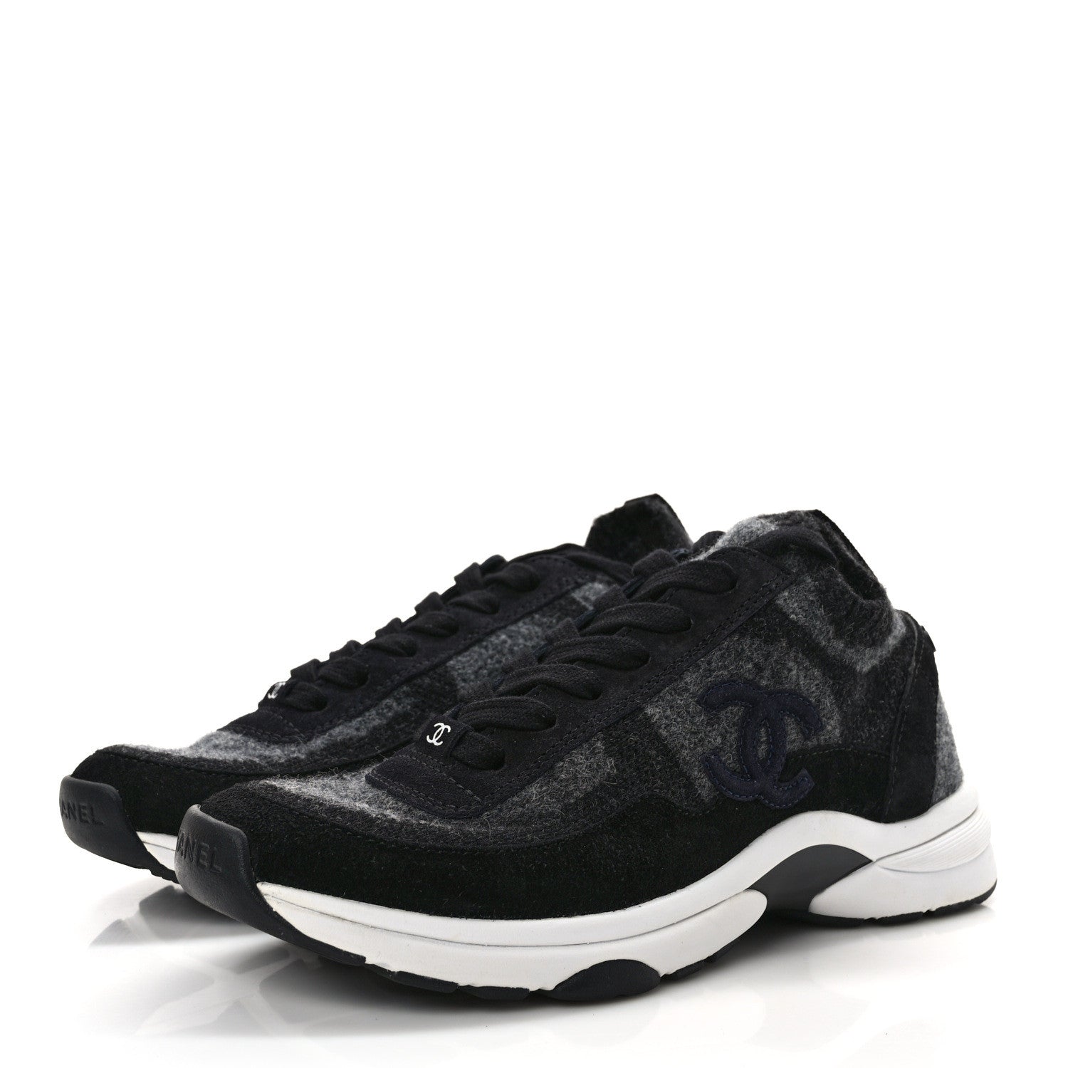 Chanel Fabric Suede Calfskin Womens CC Sneakers 36.5 Black Grey 3 of 7