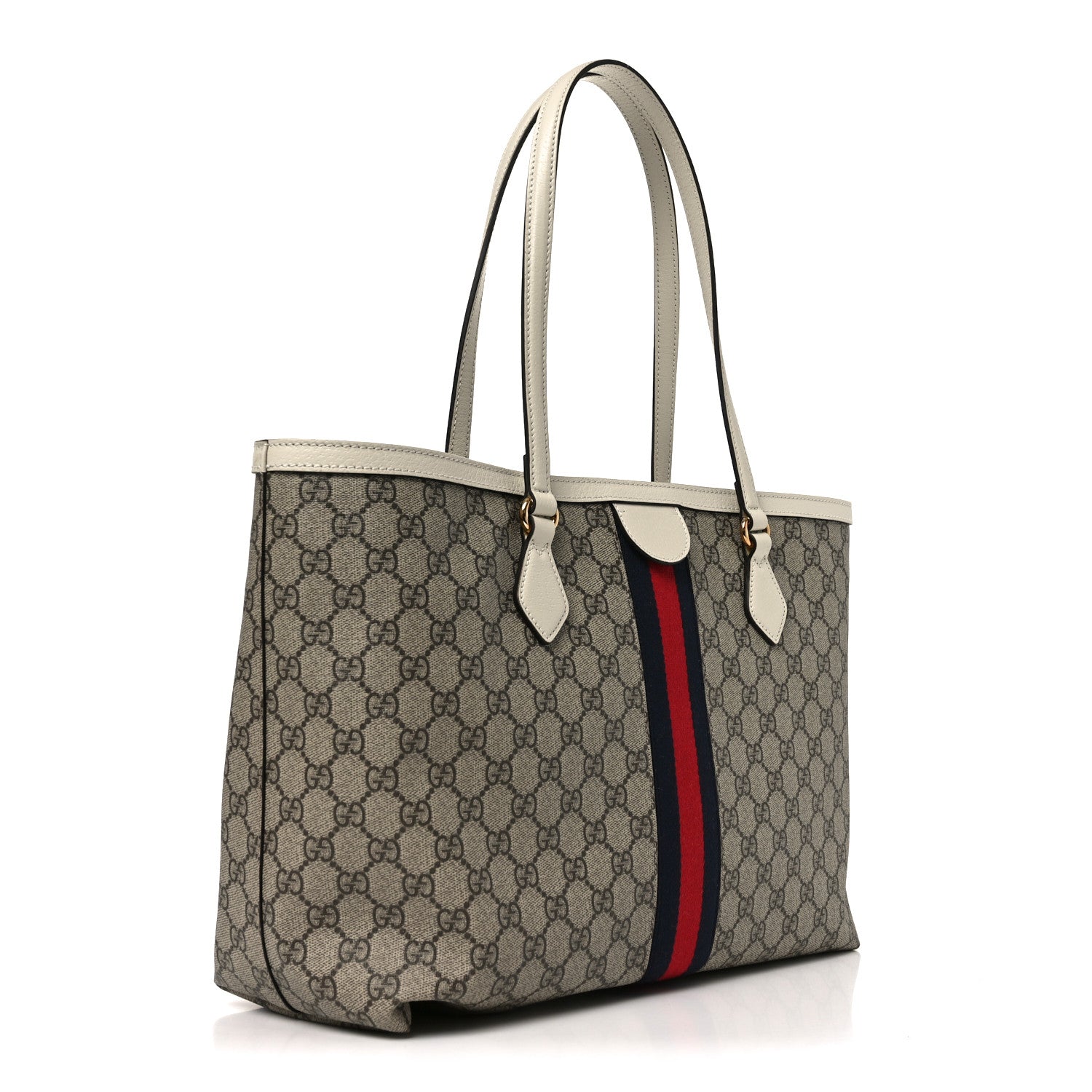 Gucci GG Supreme Monogram Textured Dollar Calfskin Web Medium Ophidia Shopping Tote Beige Ebony Mystic White 3 of 10